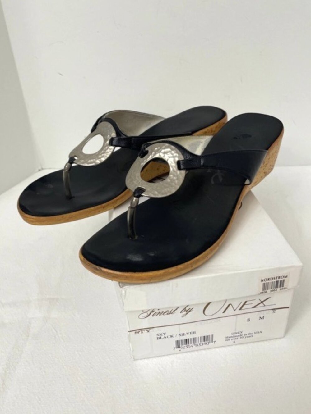 Onex Embellished Cork Heel Sandals Women Sz 8 M Black Silver Thong Handmade USA